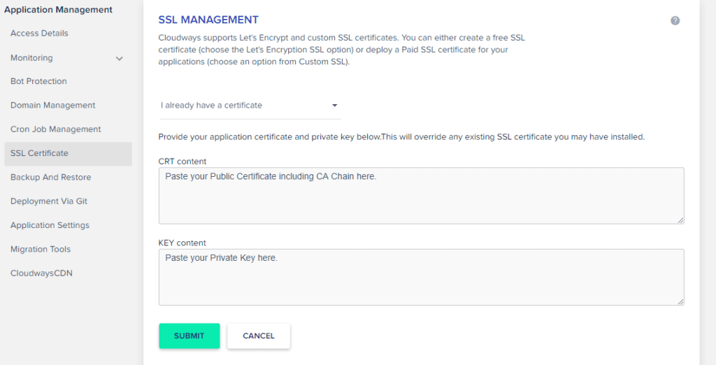 How to add custom SSL certificate in Cloudways