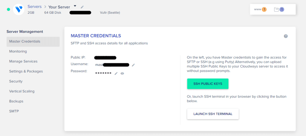 Cloudways server master credentials