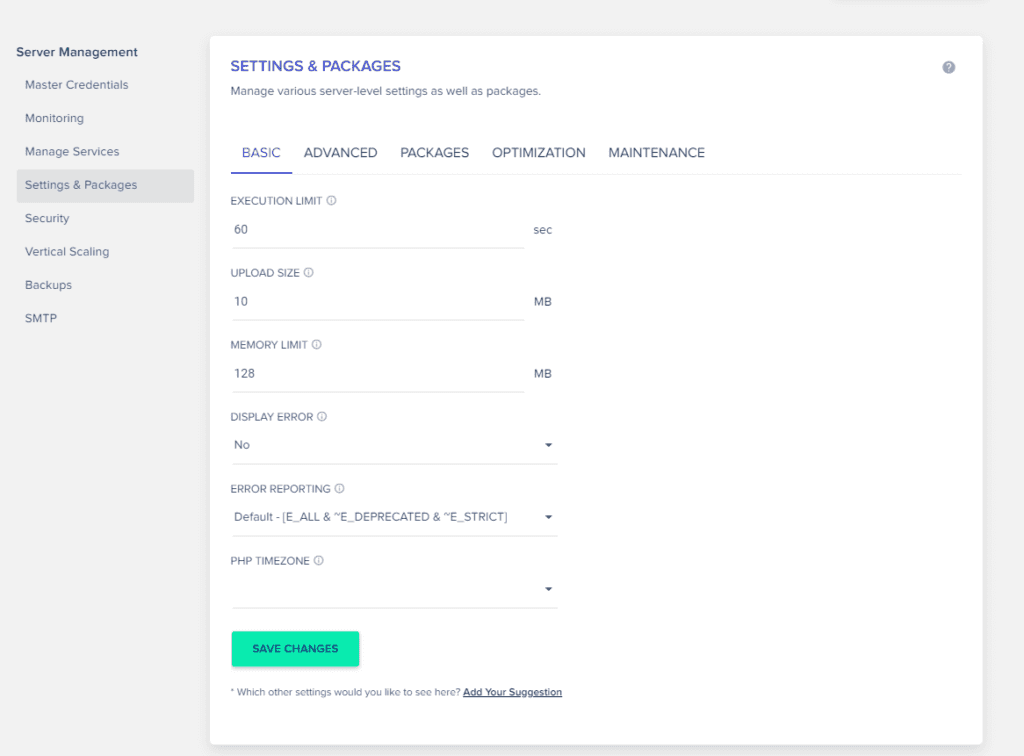 Cloudways server management > settings & packages