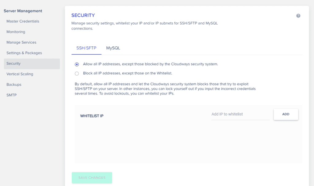 Cloudways server management > security tab