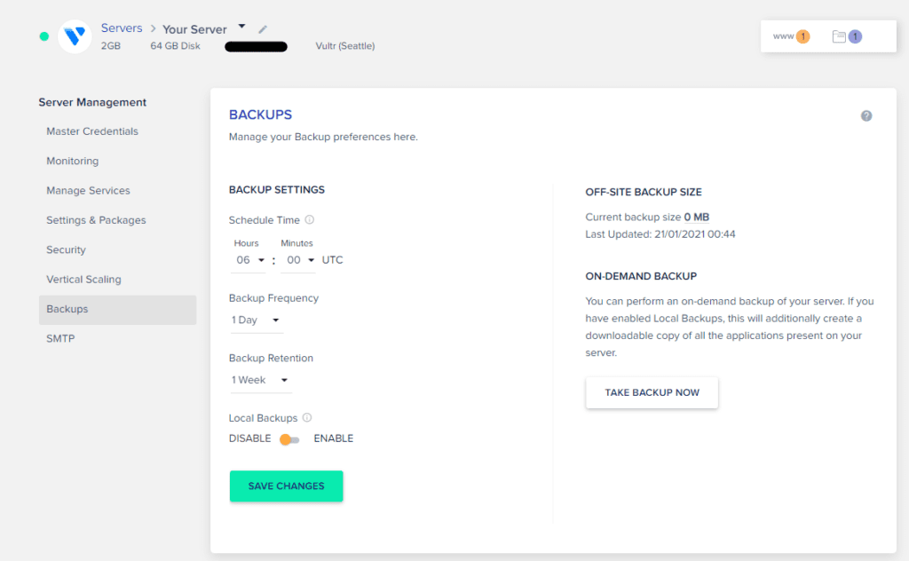 Managing server backups in Cloudways