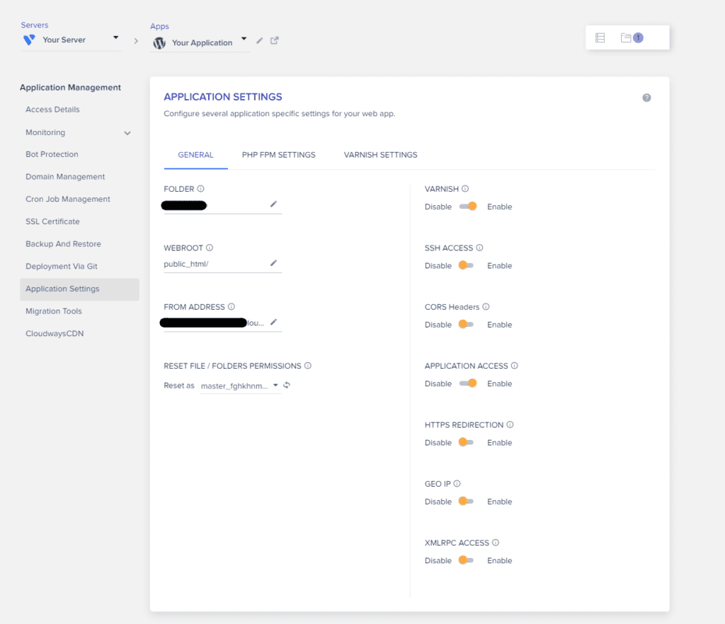 Application settings in Cloudways