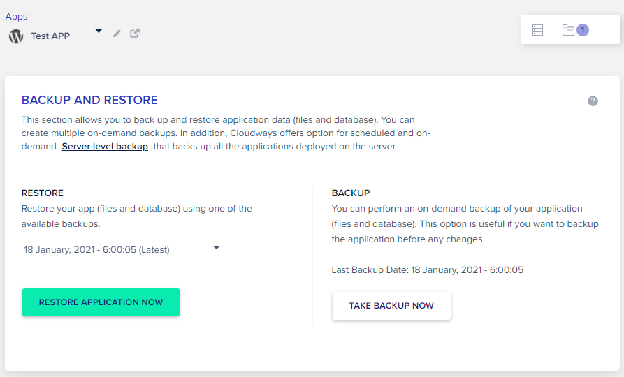 Cloudways automatic backups & 1-click restore