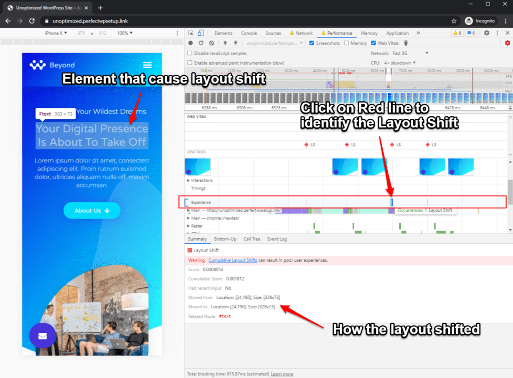 How to identify layout shift in a web page