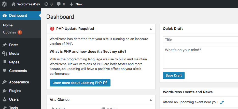 WordPress dashboard