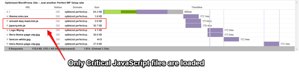 waterfall modal in GTmetrix to show only critical JavaScript files are loaded