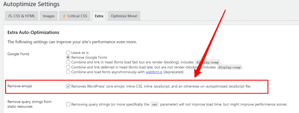 How to remove emojis using Autoptimize