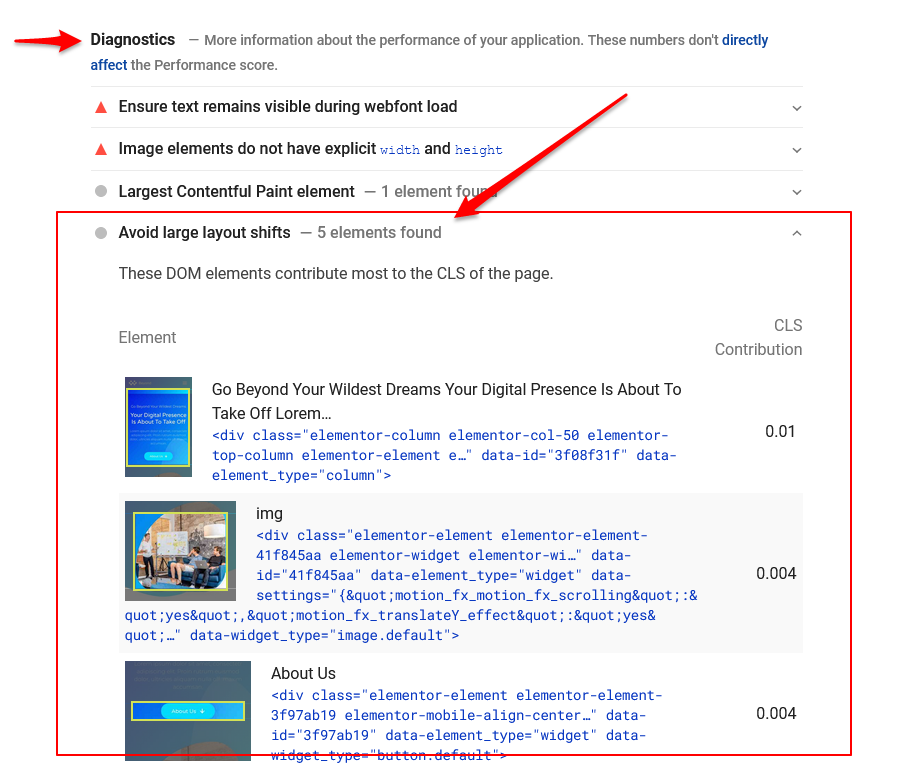 How to identify CLS in PageSpeed Insights