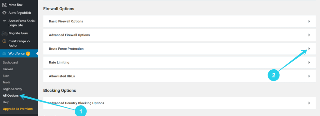 how to navigate to Brute Force protection settings in Wordfence