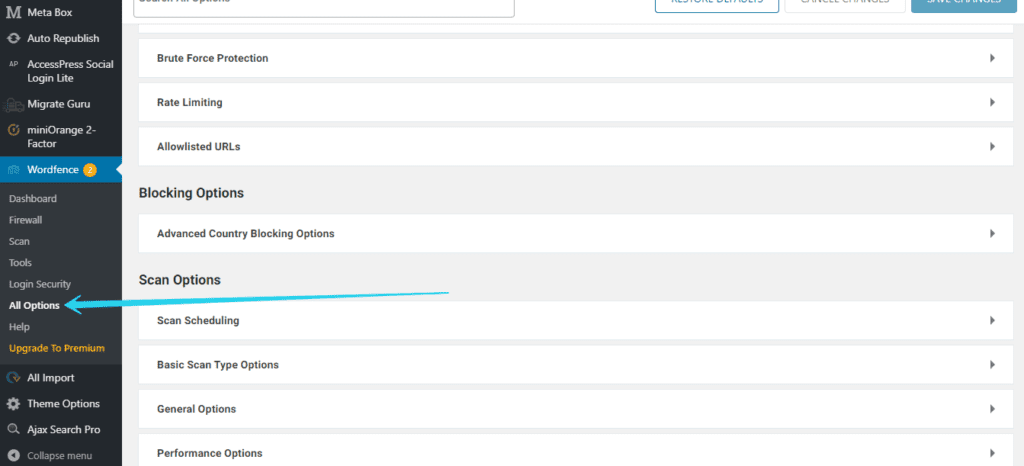 How to navigate to Wordfence all options page