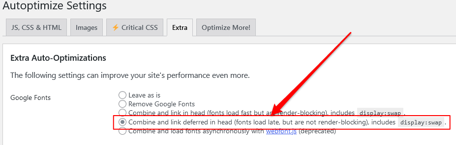 How to preload Google fonts in Autoptimize