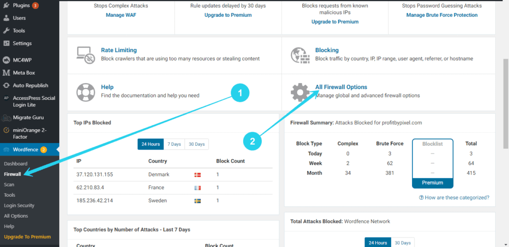 How to navigate to Firewall settings in Wordfence