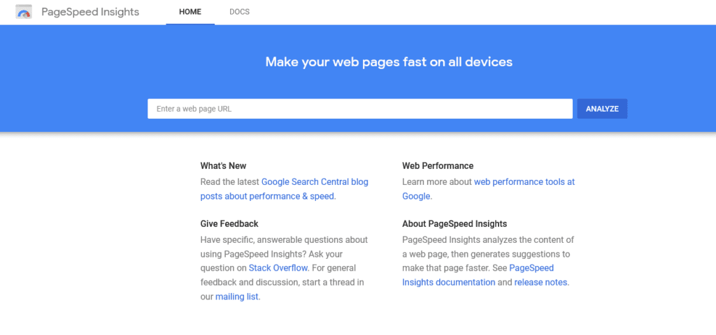 Google PageSpeed Insights Home Page