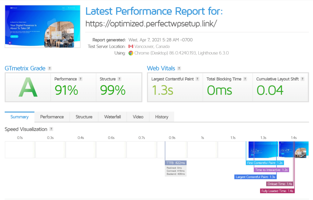 results page of GTmetrix